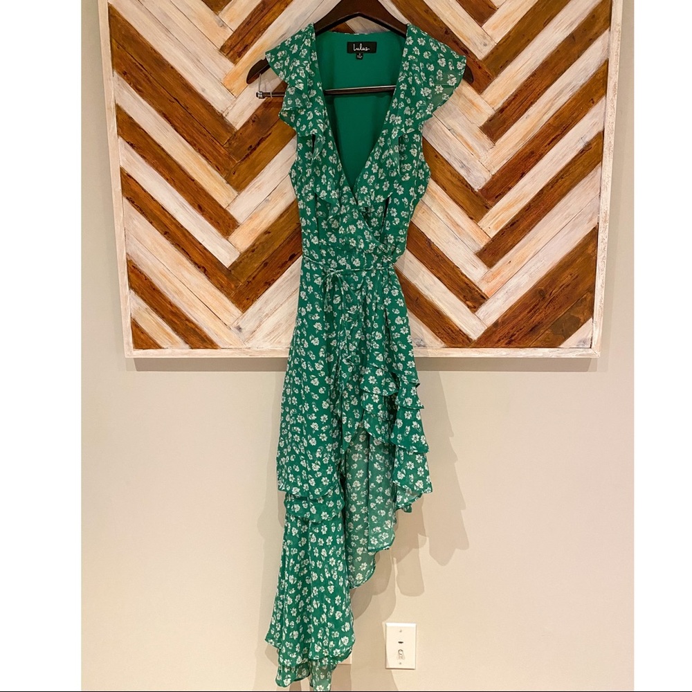 Green Floral Print Ruffled Wrap Midi Dress